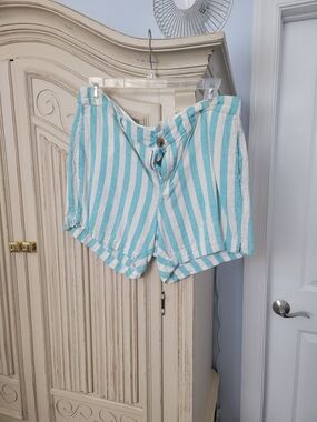 Striped Aqua & White Women's Linen Shorts